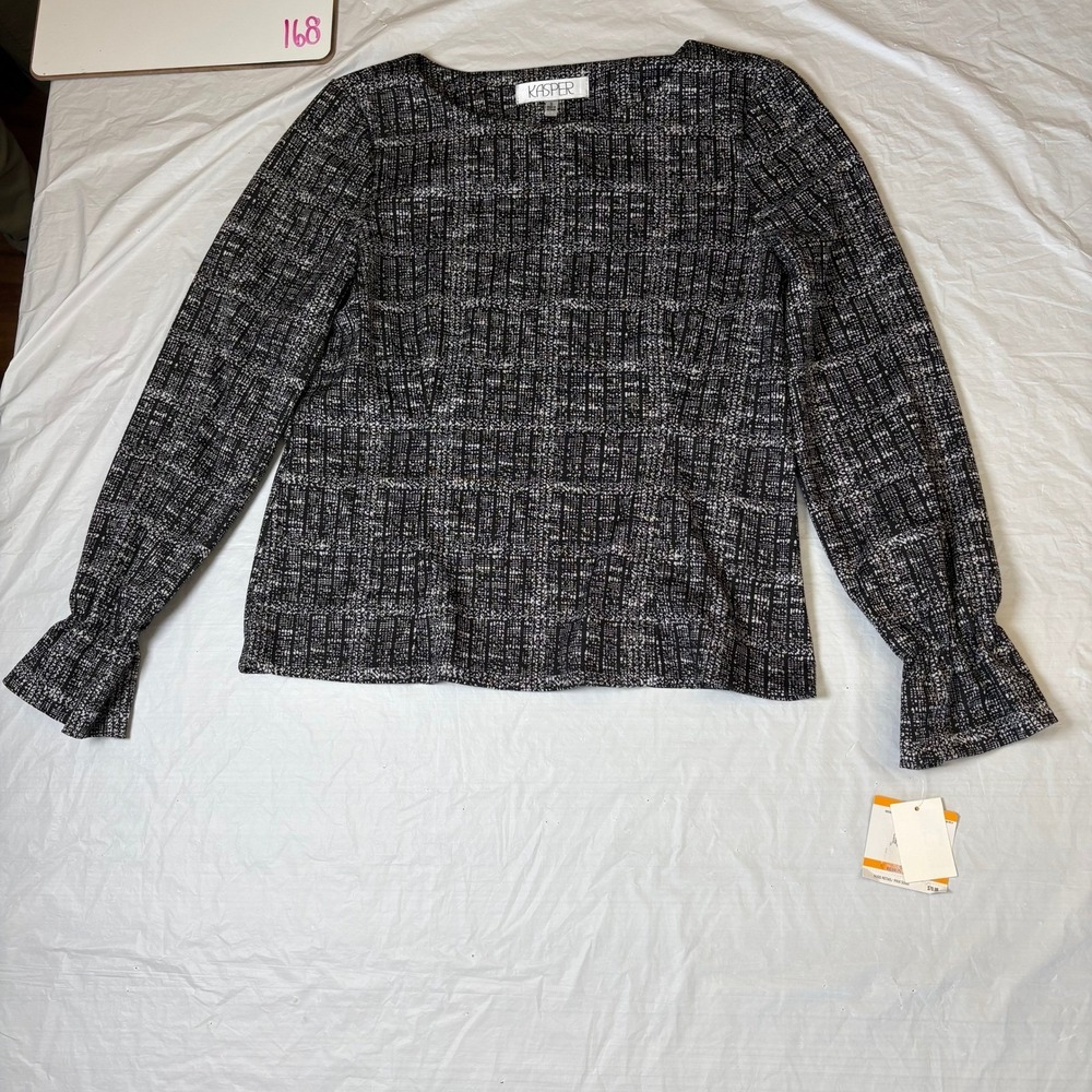 Kasper Womens Small Black White Textured Grid Long Sleeve Bell Cuff Blouse NWT